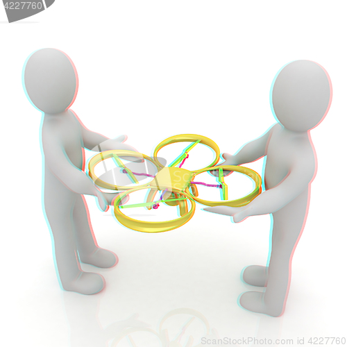 Image of 3d man with drone, quadrocopter, with photo camera. 3d render. 3