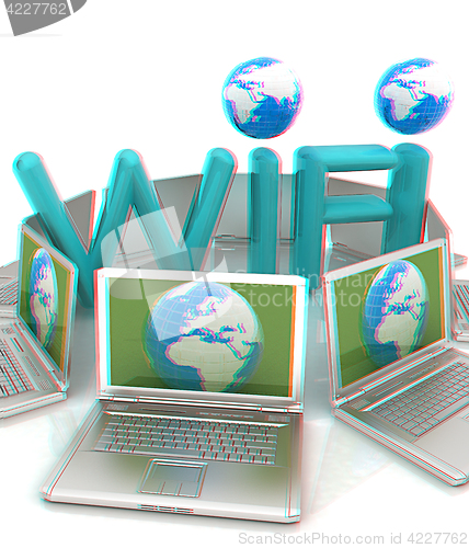 Image of Global concept of  WiFi connectivity between laptops. 3d render.