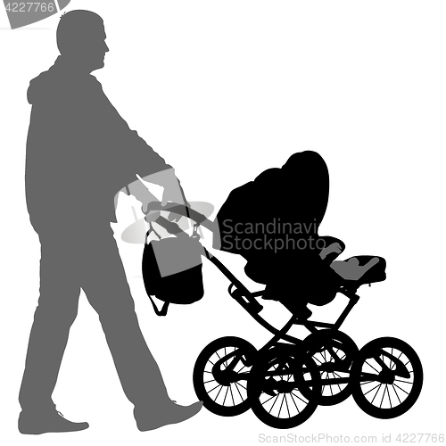 Image of Black silhouettes father with pram on white background. illustration