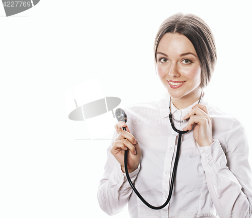 Image of young pretty woman doctor with stethoscope on white background 