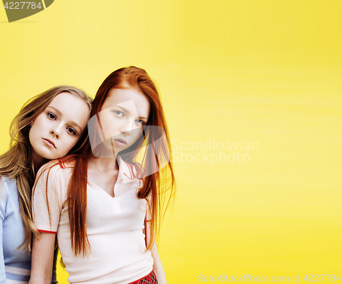 Image of lifestyle people concept: two pretty young school teenage girls having fun happy smiling on yellow background 