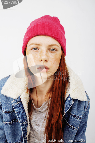 Image of young pretty teenage hipster girl posing emotional happy smiling on white background, lifestyle people concept 