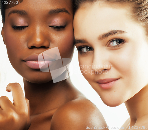 Image of different nation woman: african-american, caucasian together isolated on white background happy smiling, diverse type on skin, lifestyle people concept 
