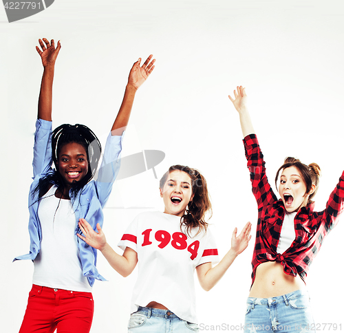 Image of diverse multi nation girls group, teenage friends company cheerful having fun, happy smiling, cute posing isolated on white background, lifestyle people concept, african-american and caucasian 