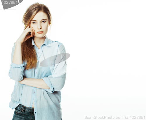 Image of cute young pretty girl thinking on white background isolated clo