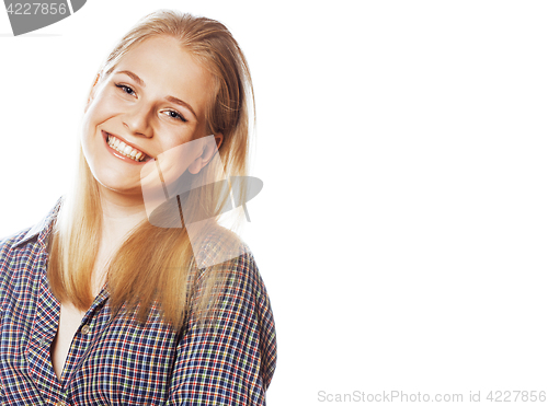 Image of young pretty blond teenage hipster girl posing emotional happy smiling on white background, lifestyle people concept