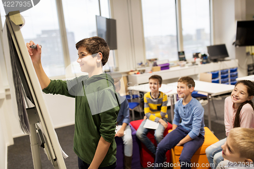 Image of student boy with marker writing on flip board