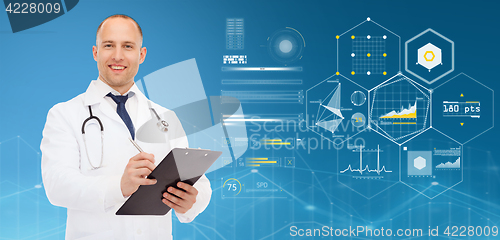 Image of doctor with clipboard, stethoscope and charts