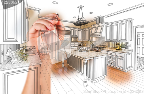 Image of Hand Drawing Custom Kitchen Design With Gradation Revealing Phot