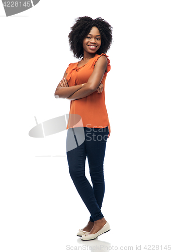 Image of happy african american young woman over white