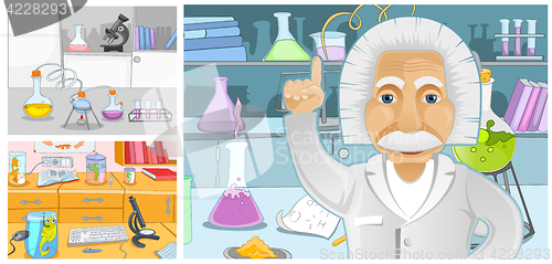 Image of Cartoon set of backgrounds of chemical laboratory.