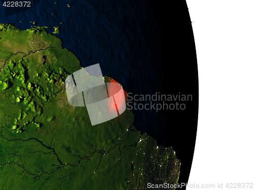 Image of French Guiana from space during dusk