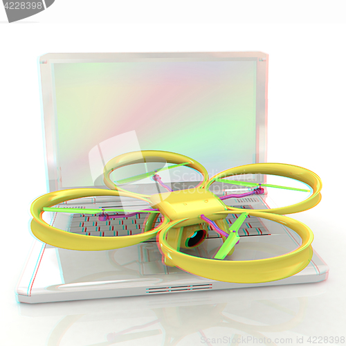 Image of Drone and laptop. 3D render. Anaglyph. View with red/cyan glasse
