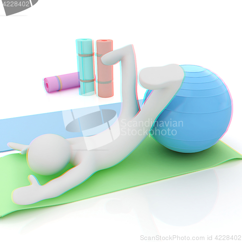 Image of 3d man on a karemat with fitness ball. 3D illustration. Anaglyph