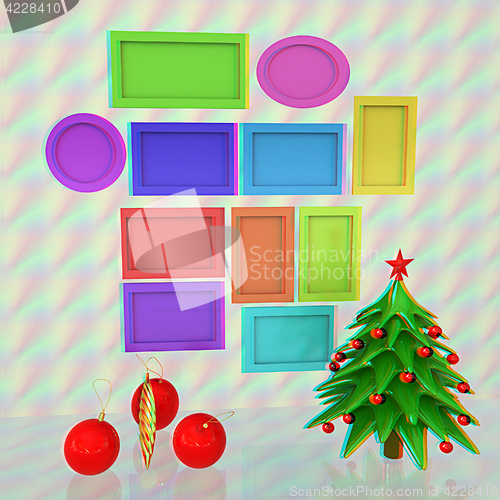 Image of Set of Christmas and New Year frames and Christmas tree. 3D rend