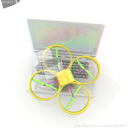 Image of Drone and laptop. 3D render. Anaglyph. View with red/cyan glasse