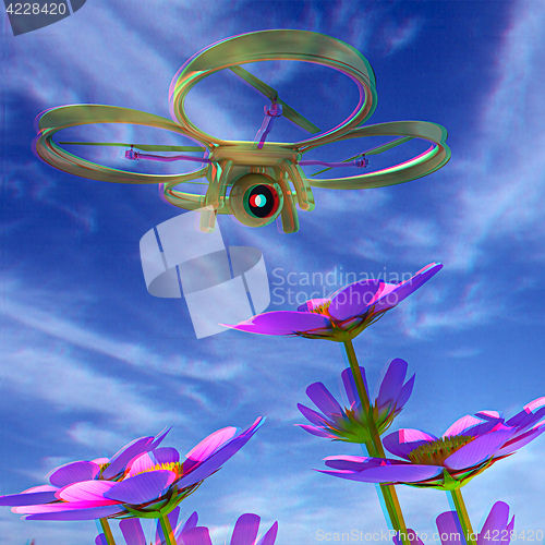 Image of Drone, quadrocopter, with photo camera against the sky and Beaut