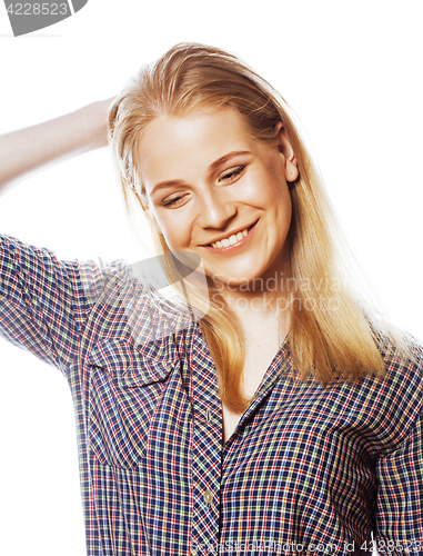 Image of young pretty blond teenage hipster girl posing emotional happy smiling on white background, lifestyle people concept