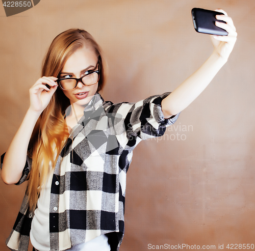 Image of young happy smiling hipster blond girl with backpack ready to school, teenage lifestyle people concept 