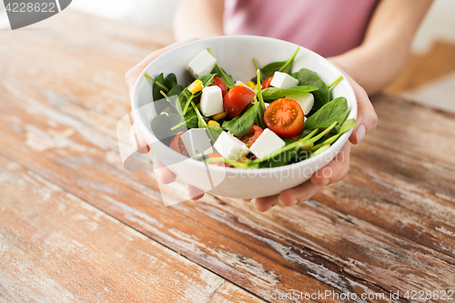 Image of hands holding bowl of vegetable salad over table