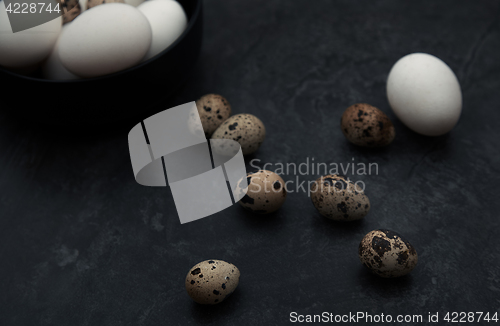 Image of Quail and chicken eggs on a table