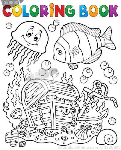 Image of Coloring book treasure chest underwater