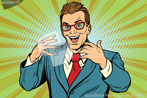 Image of Gesticulating joyful businessman with glasses