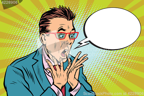 Image of Businessman with glasses scared, shock reaction surprise