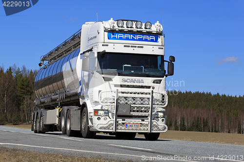 Image of White Scania Semi Tank Truck on Road