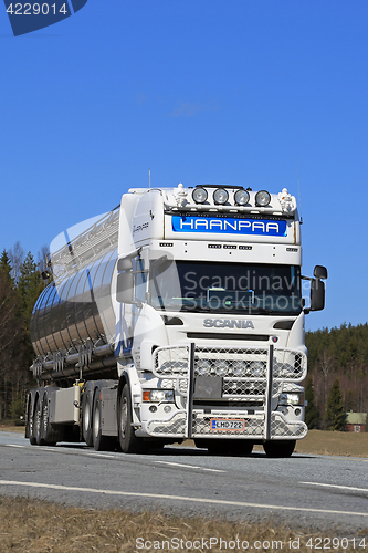 Image of White Scania Semi Tank Truck on Road