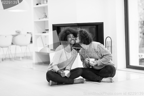 Image of multiethnic couple  in front of fireplace