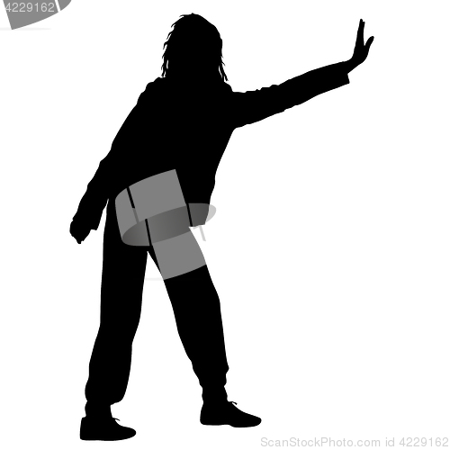 Image of Black silhouette woman standing with arm raised, people on white background