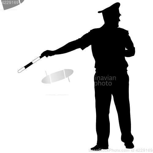 Image of Black silhouettes of Police officer with a rod on white background