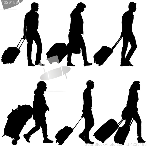 Image of Set black silhouettes travelers with suitcases on white background. illustration