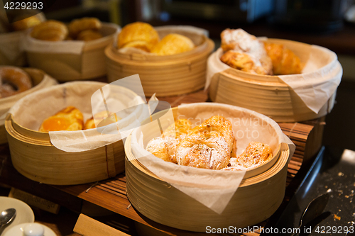 Image of close up of buns at bakery or market