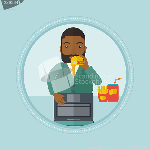 Image of Businessman eating hamburger vector illustration.