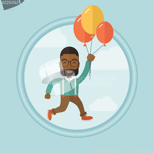 Image of Businessman flying up away on bunch of balloons.