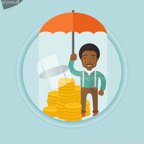 Image of Businessman with umbrella protecting money.