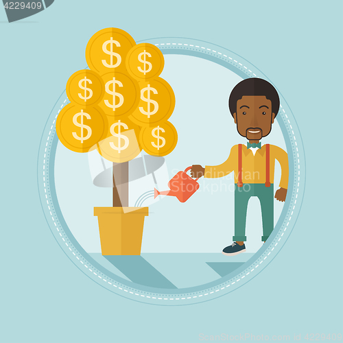 Image of Man watering financial tree vector illustration.