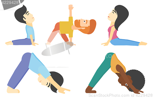 Image of Vector set of men and women practicing yoga.