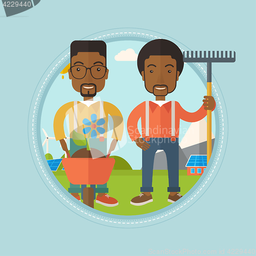 Image of Two men are going to plant flower.