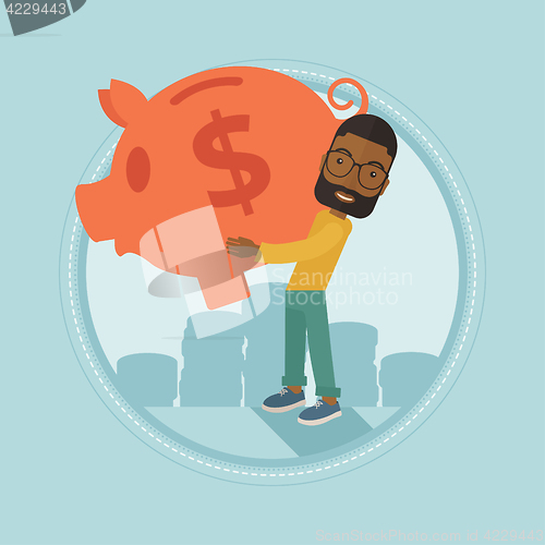 Image of Businessman carrying big piggy bank.