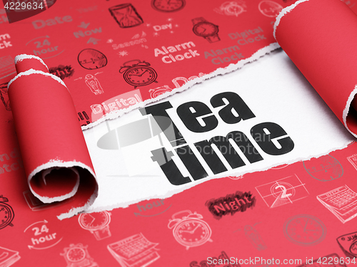 Image of Time concept: black text Tea Time under the piece of  torn paper