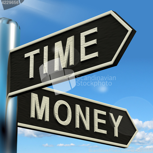 Image of Time Money Signpost Showing Hours Are More Important Than Wealth