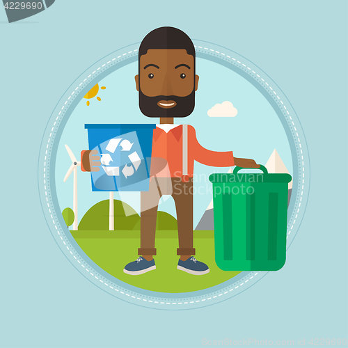 Image of Man with recycle bin and trash can.