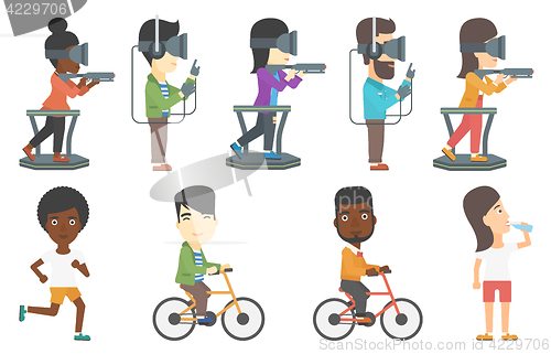 Image of Vector set of sportsmen and people in vr headset.