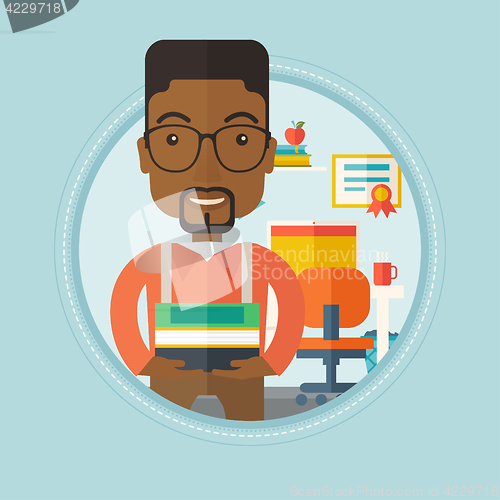 Image of Man holding pile of books vector illustration.