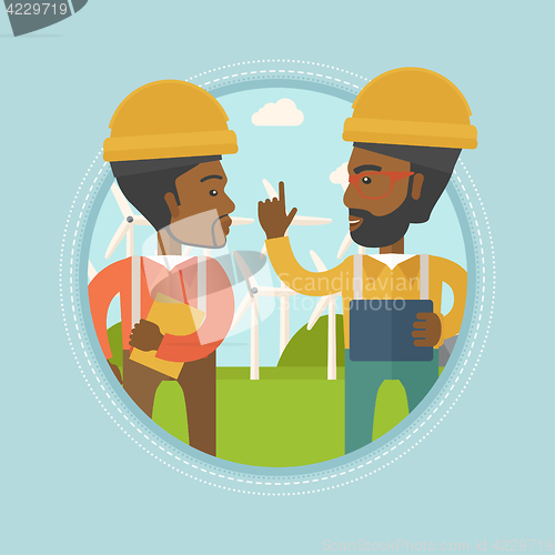 Image of Workers of wind farm talking vector illustration.