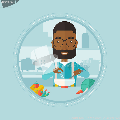 Image of Man putting salt in salad vector illustration.