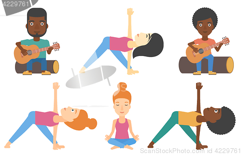Image of Vector set of tourists and people practicing yoga.